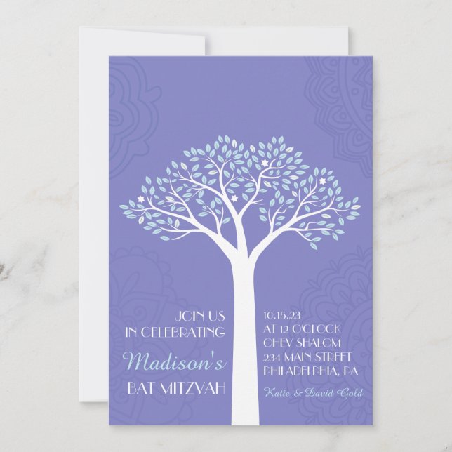 ARBRE AVEC ÉTOILES Invitation Bat mitzvah (Devant)