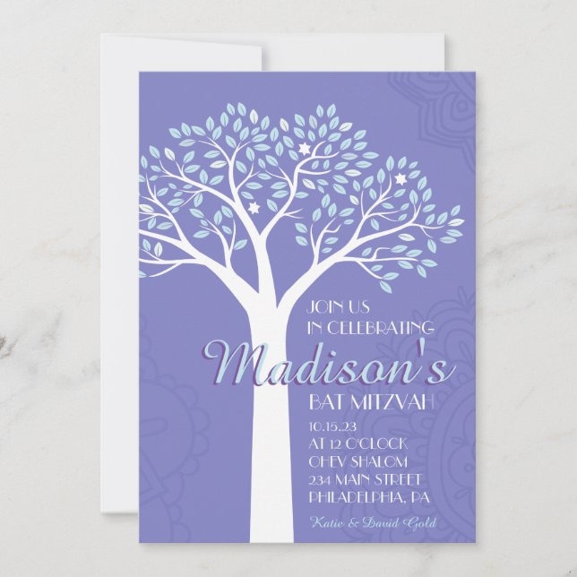 ARBRE AVEC ÉTOILES Invitation Bat mitzvah (Devant)