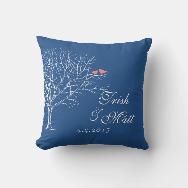 Arbre Branché Gris Corail Oiseaux Mariage Coussin (Recto)