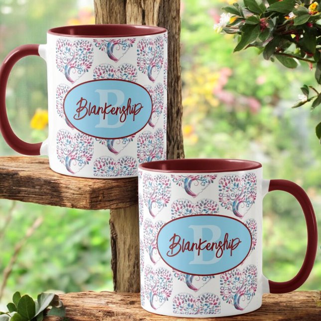 Arbre Coeur Motif Monogramme Modèle Mug (monogram and name template display on opposing mug sides)