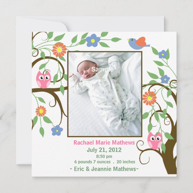 Arbre coloré avec hibou Faire-part bébé (Devant)