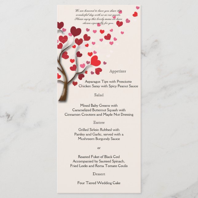 Arbre de coeur rouge sur le menu Mariage ivoire (Devant)