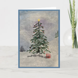 Arbre de Noël aquarelle sur carte neige 5x7
