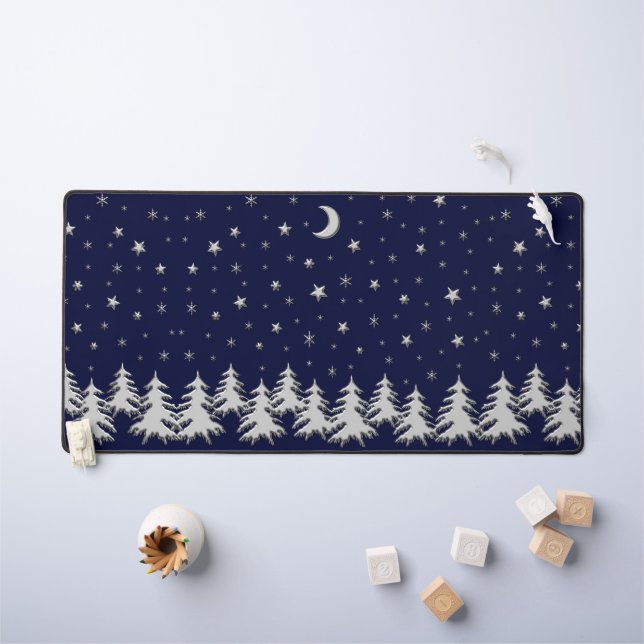 Arbre de Noël argenté brillant et étoiles sur bleu (Tableau pour enfants)