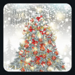 Arbre de Noël, baubles Stickers Rectangle<br><div class="desc">sticker élégant Noël et Nouvel An - Ce design présente une illustration d'arbre de Noël décoré de luxe plein de boules rouges et or,  arc et cadeaux. L'Arrière - plan est un effet de parties scintillant argenté.</div>