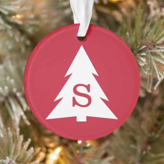 Arbre de Noël blanc moderne monogramme sur rouge (Arbre)