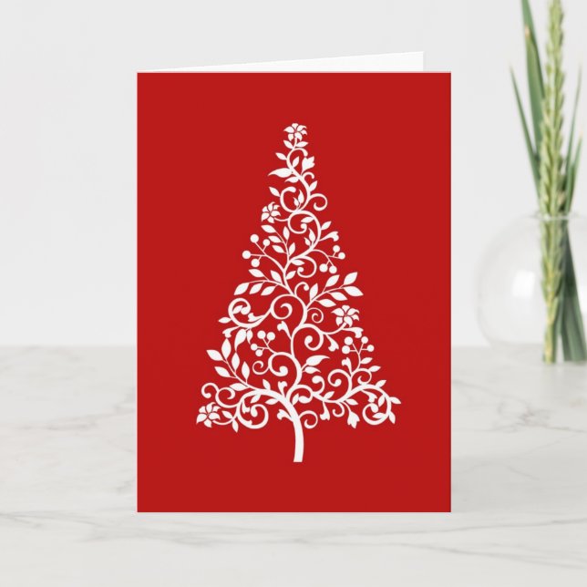 Arbre de Noël blanc stylisé sur carte rouge (Devant)