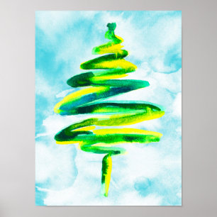 Arbre de Noël bleu abstraite aquarelle Poster