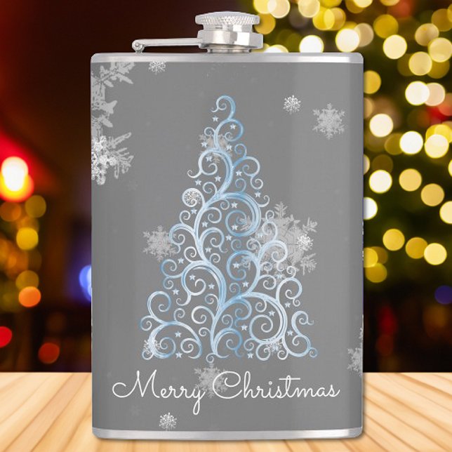Arbre de Noël bleu et flacon de flocons de neige (Blue Christmas Tree and Snowflakes Flask)