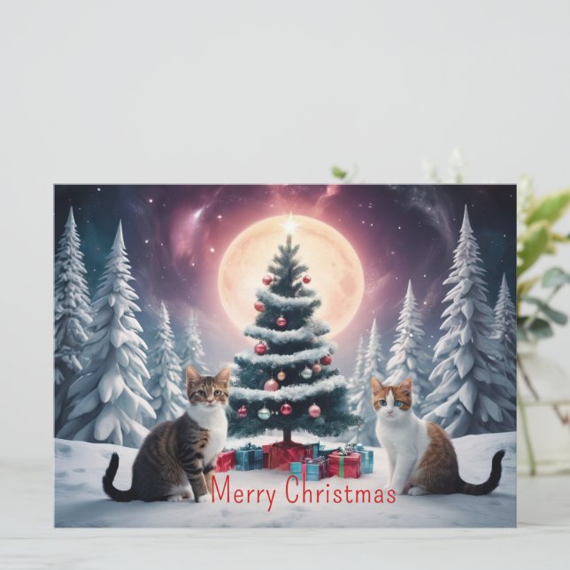 Arbre de Noël couvert de neige avec chats (Debout devant)
