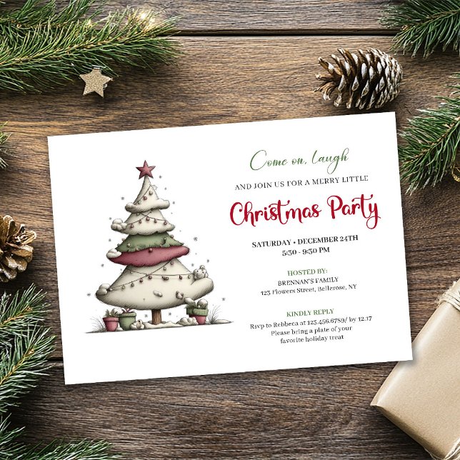 Arbre de Noël dessin animé drôle invitation festiv (Funny cartoon Christmas tree playful party invite)