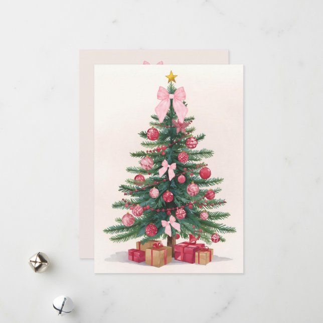 Arbre de Noël Élégant avec Rubans Roses Carte de F (Devant/Arrière en situation)