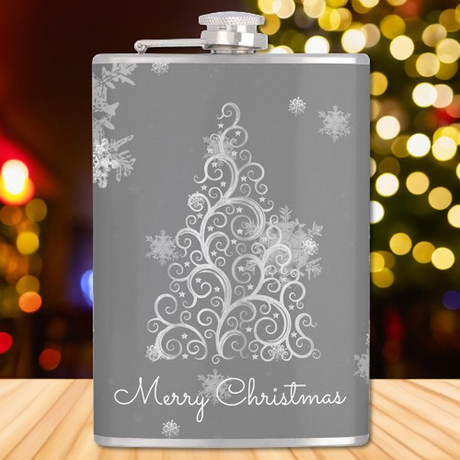 Arbre de Noël en argent et flacon de flocons de ne (Silver Christmas Tree and Snowflakes Flask)