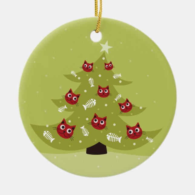Arbre De Noël En Chat Avec Ornements De Poisson (Devant)