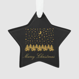 Arbre de Noël en or brillant, lune, étoiles sur no