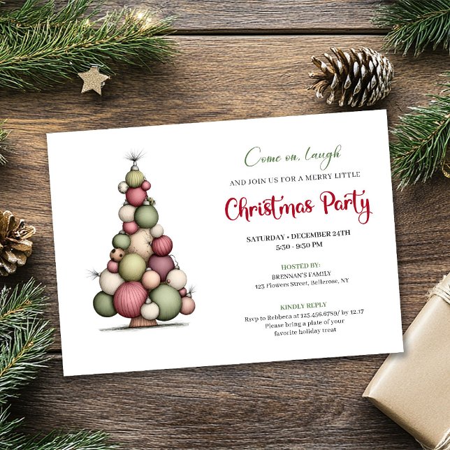 Arbre de Noël Fantaisiste Invitation Rouge Vert No (Whimsical Christmas Tree Red Green Holiday Invite)