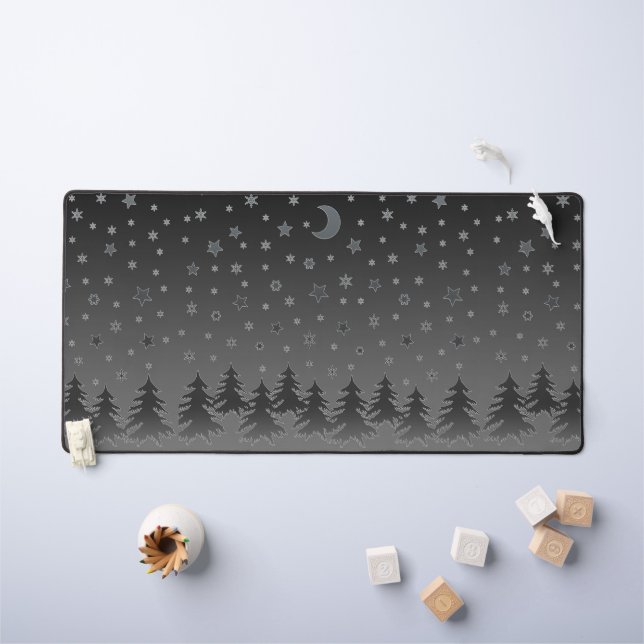 Arbre de Noël gris et étoiles dans le ciel gris (Tableau pour enfants)