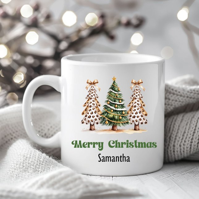 Arbre de Noël Léopard Raffiné Mug Nom Personnalisé (Refined Leopard Christmas Trees Custom Name Mug)