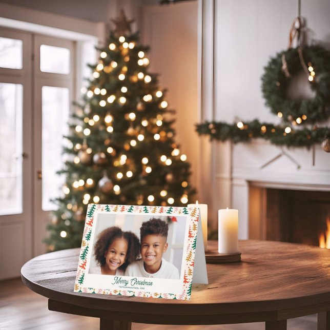 Arbre de Noël Rétro Carte photo familial (Retro Christmas Trees Holiday Photo card)