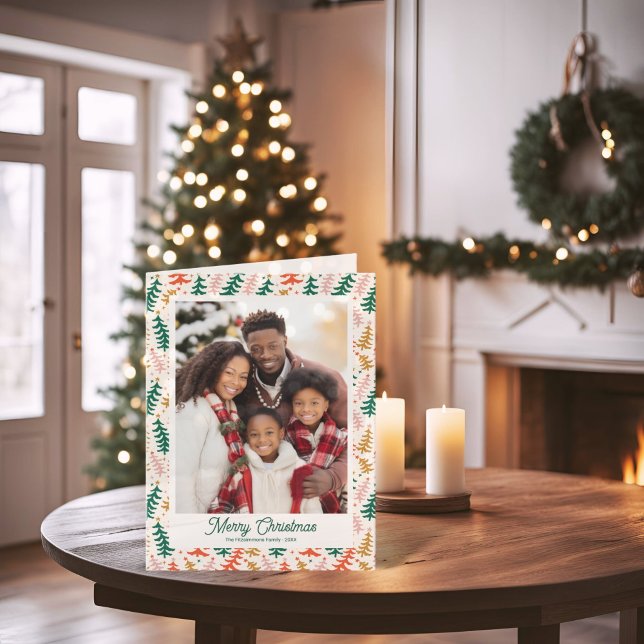 Arbre de Noël Rétro Carte photo plié (Groovy Retro Christmas Tree Holiday Folded Card)