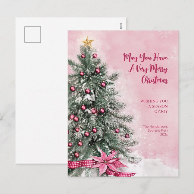 Arbre de Noël sur carte postale rose (Devant / Derrière)