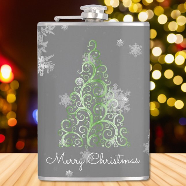Arbre de Noël vert et flacon de flocons de neige (Green Christmas Tree and Snowflakes Flask)