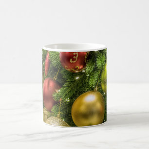 Arbre de pin de Noël et ornements Mug de café blan