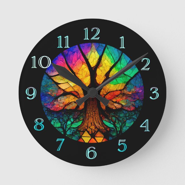 Arbre de vie avec horloge arc-en-ciel ronde (Recto)