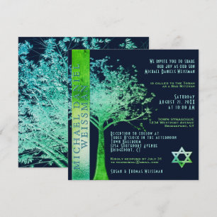 Arbre de vie Green Blue Bar Mitzvah Invitation
