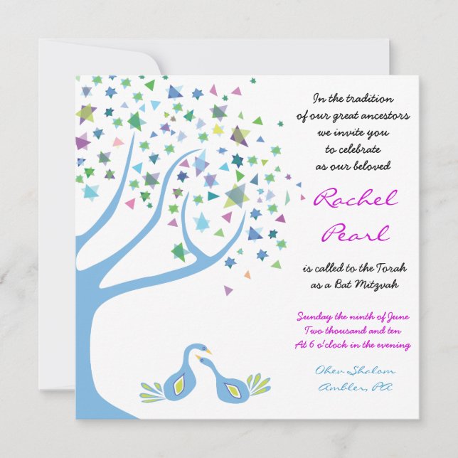 Arbre de vie Oiseaux Étoiles Invitation Bat mitzva (Devant)