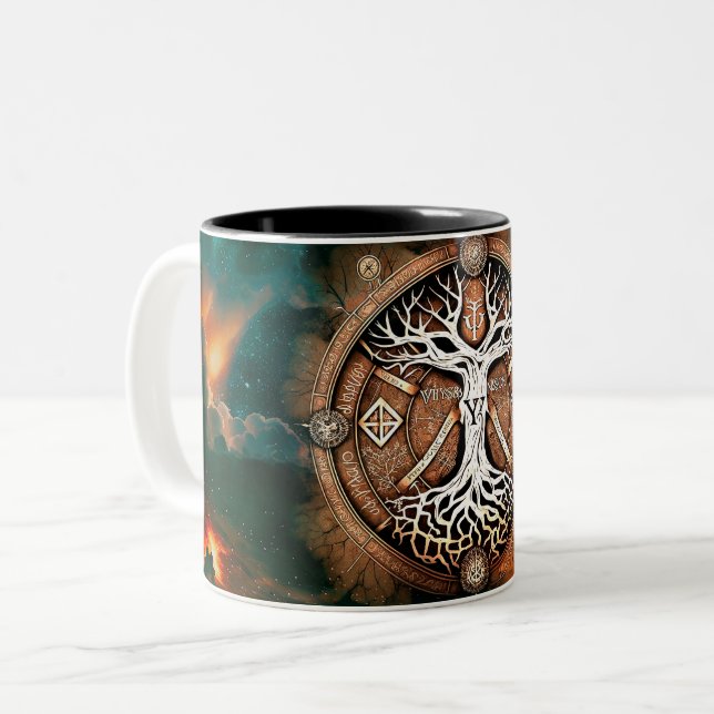 Arbre de vie Yggdrasil Mug de café à deux tons (Devant gauche)