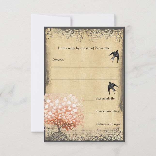 Arbre du coeur Léger Corail Oiseaux Mariage RSVP (Devant)