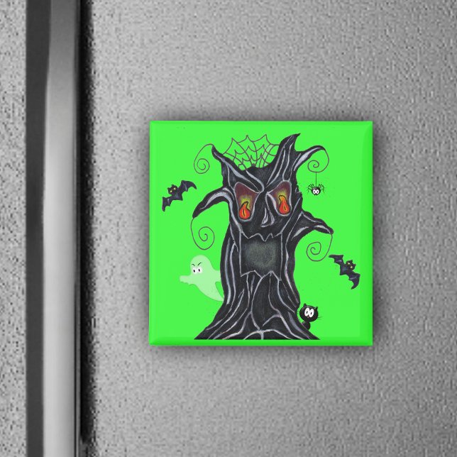 Arbre éffrayant Avec Amis Halloween Magnet (Black spooky tree flame eyes bats, ghost, black cat on vibrant green Halloween magnet.)