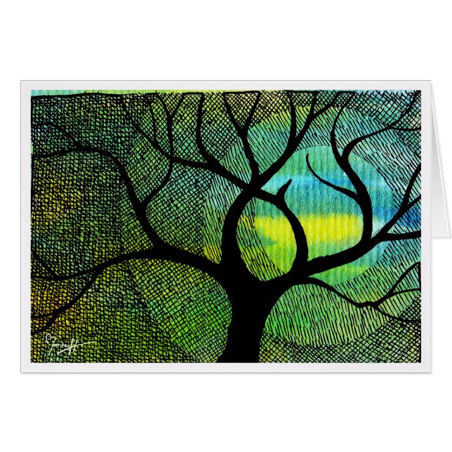 Arbre et Lune - Aquarelles bleu et jaune (Devant Horizontal)