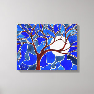 Arbre et lune sur la toile - bleu