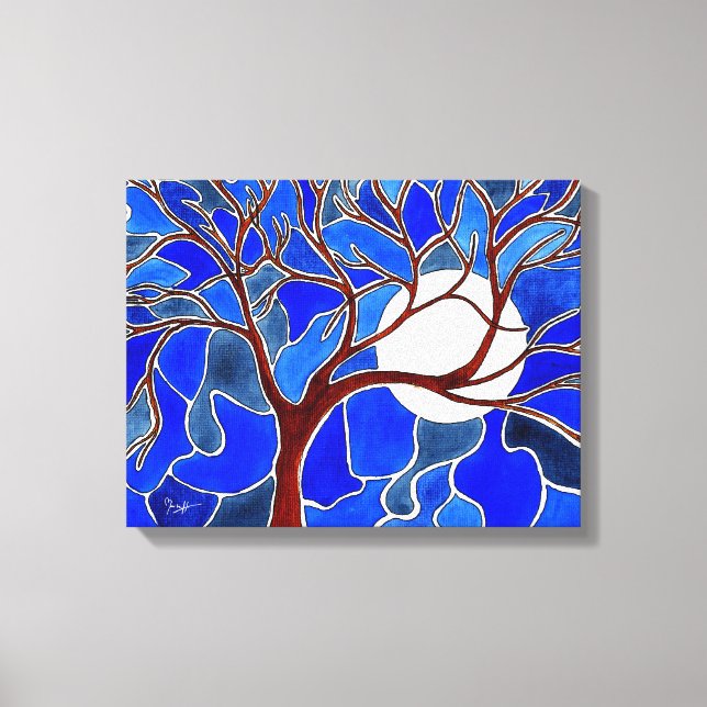 Arbre et Lune sur toile - Bleu (Recto)