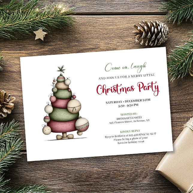 Arbre fantaisiste rouge vert invitation de vacance (Whimsical tree red green minimalist holiday invite)