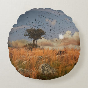 Arbre Lonely Coussin Rond Et Oiseaux