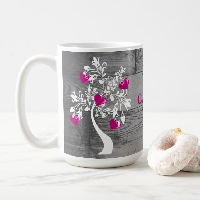 Arbre magenta des coeurs Mug de café personnalisé (Avec donut)
