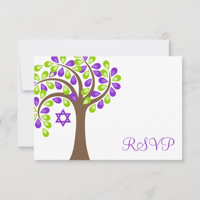 Arbre moderne de vie Bat mitzvah vert pourpre RSVP (Devant)