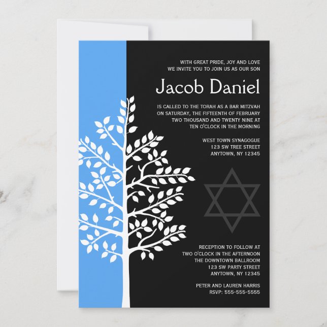 Arbre noir bleu de vie Barre Mitzvah Invitations (Devant)