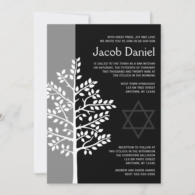 Arbre noir gris de la vie Barre Mitzvah Invitation (Devant)
