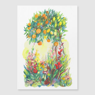 Arbre orange et fleurs aquarelle