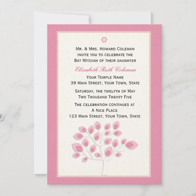 Arbre rose, Invitation Bat mitzvah (Devant)