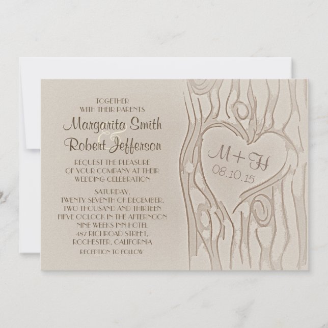 arbre sculpté invitation de mariage rustique (Devant)