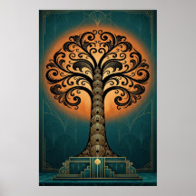 Arbre Silhouette Art Déco Élégant Or & Sarcelle Af