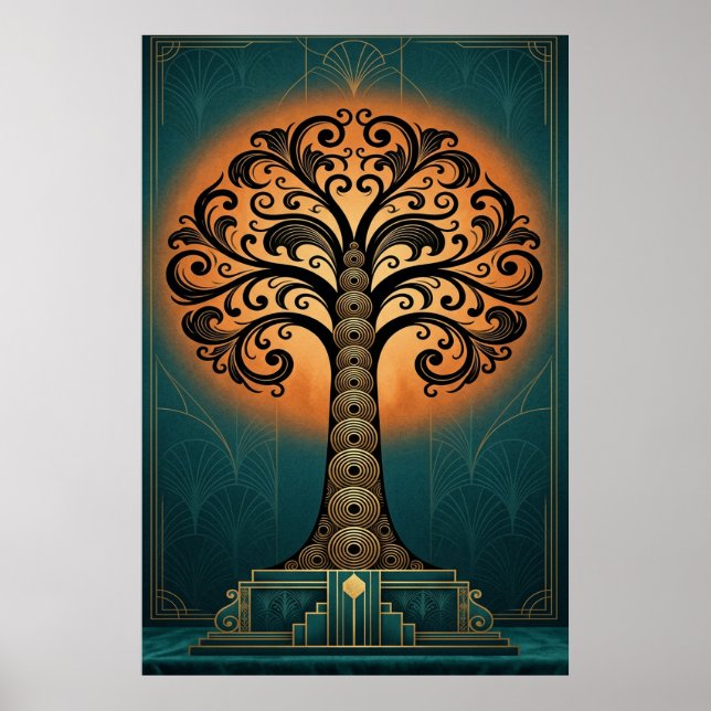 Arbre Silhouette Art Déco Élégant Or & Sarcelle Af (Devant)