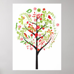 Arbre vert rouge et affiche d'oiseaux mignons