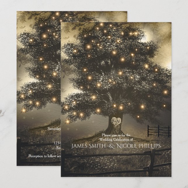 Arbre vintage et illuminations de nuit Invitations (Devant / Derrière)