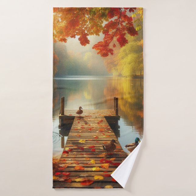 Arbres d'automne & lac aux canards (Serviette de bain)